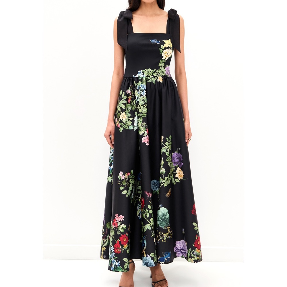 Alice + Olivia Oriana Drop Waist Midi Dress Venus Floral Black Tie Shoulder 8